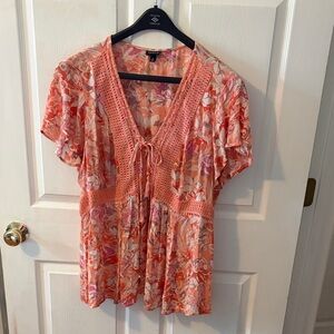 Torrid Floral Crochet-Trim Coral Women’s Blouse